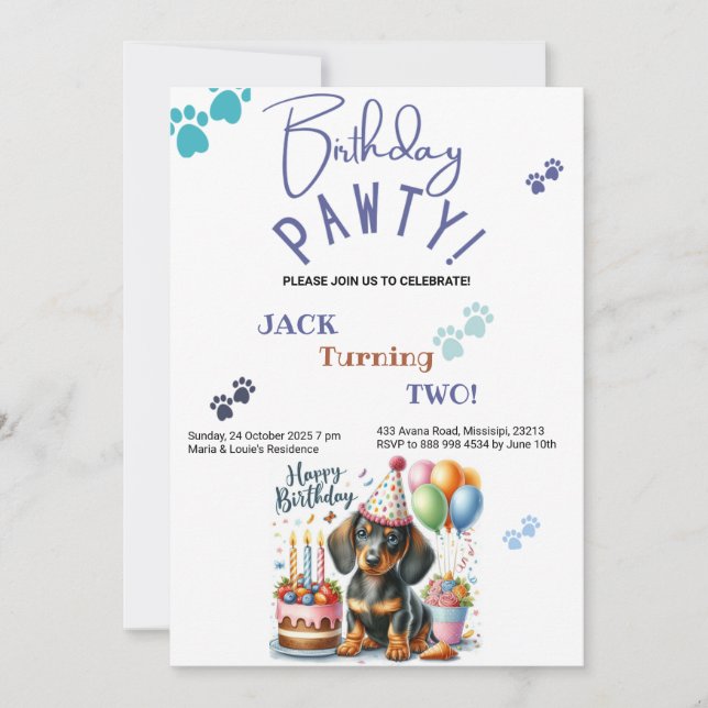 Birthday Pawty Dachshund Dog Personalised Birthday Invitation (Front)