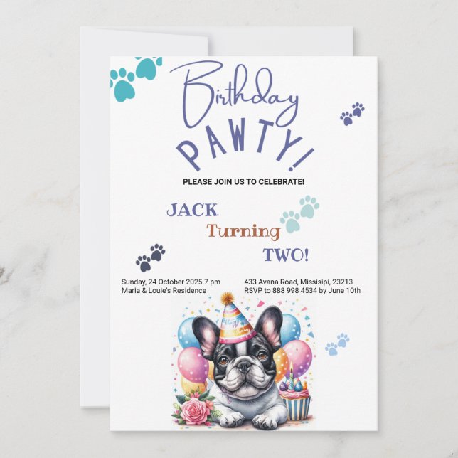 Birthday Pawty French Bulldog Dog Birthday Invitation (Front)