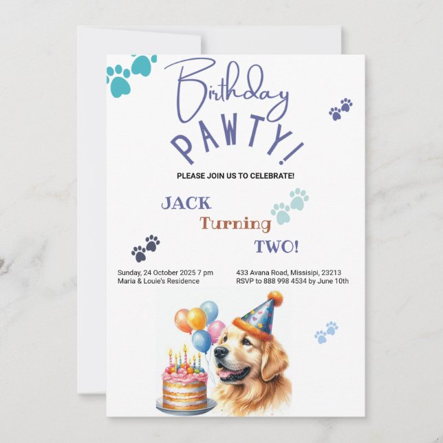 Birthday Pawty Golden Retriever Dog Birthday Invitation (Front)