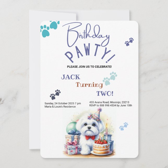 Birthday Pawty Maltese Dog Personalised Birthday Invitation (Front)