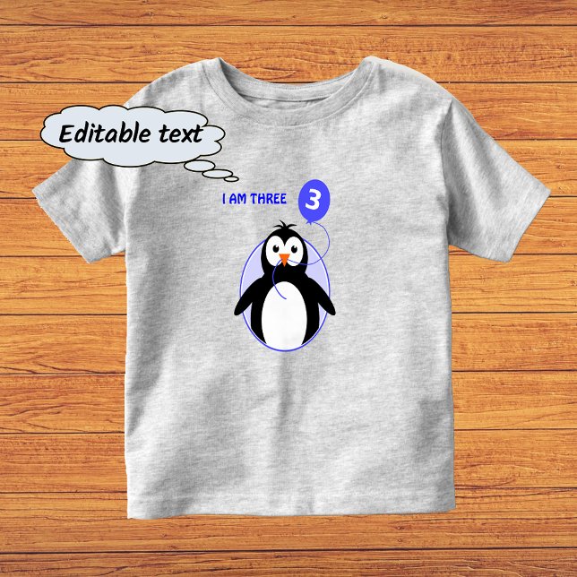 Birthday penguin custom text blue three year old toddler T-Shirt (Sample shows gray color t-shirt with 'vivid printing' option)