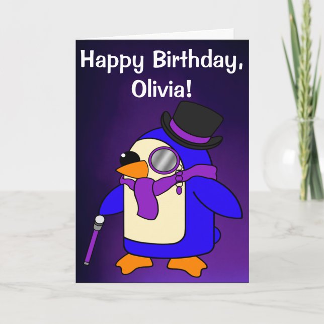 Birthday Penguin Deep Purple Violet Customizable Card (Front)