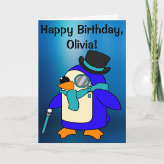 Birthday Penguin Frosty Blue Customizable Card