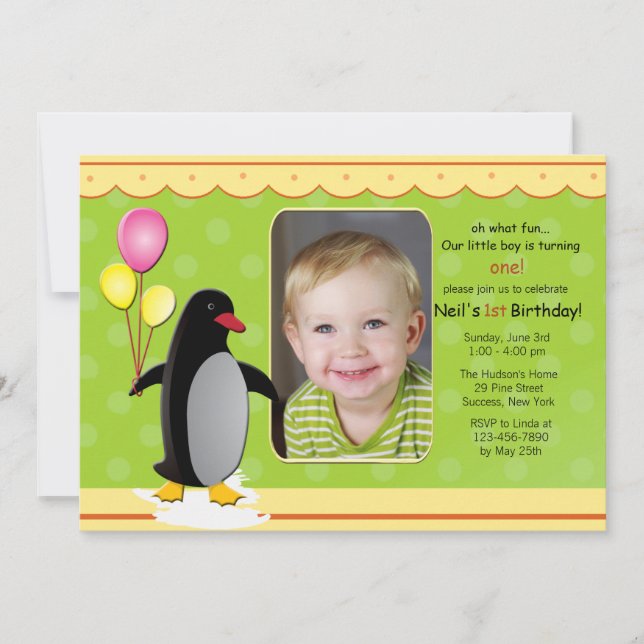 Birthday Penguin Photo Invitation (Front)