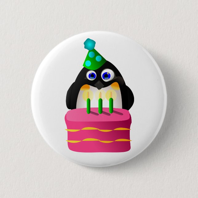 Birthday Penguin With Cake 6 Cm Round Badge (Front)