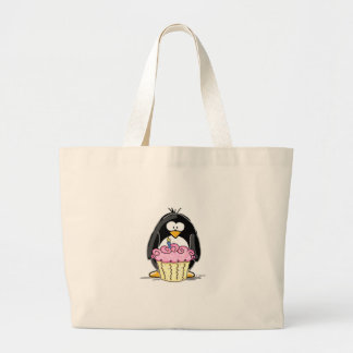 Birthday Penguin with Cupcake Large Tote Bag