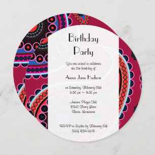 Birthday - Persian Paisley, Dots - Red Blue Pink Invitation