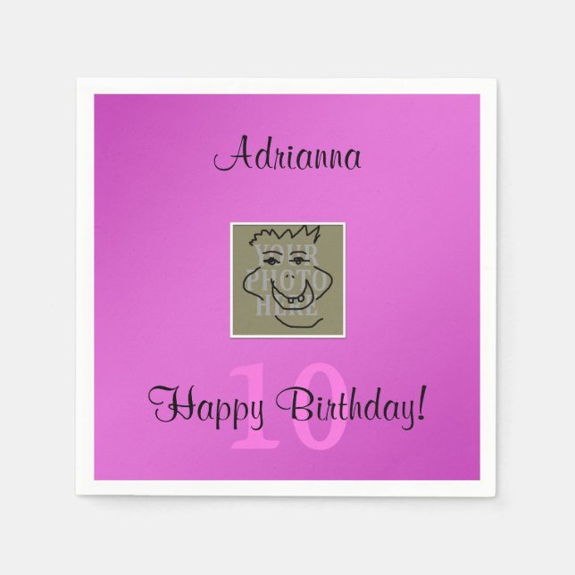 Birthday Personal Photo and Custom Text Pink Napkin (Front)