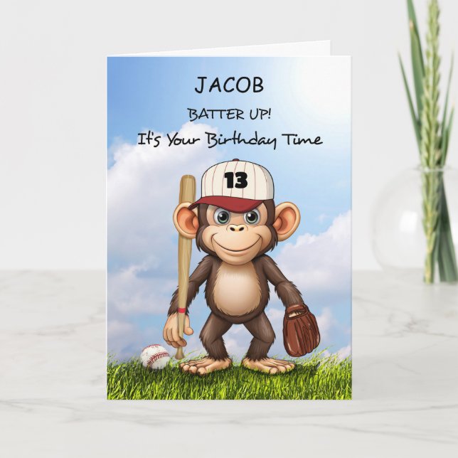 Birthday Personalise Baseball Monkey Bat and Glove Card (Front)