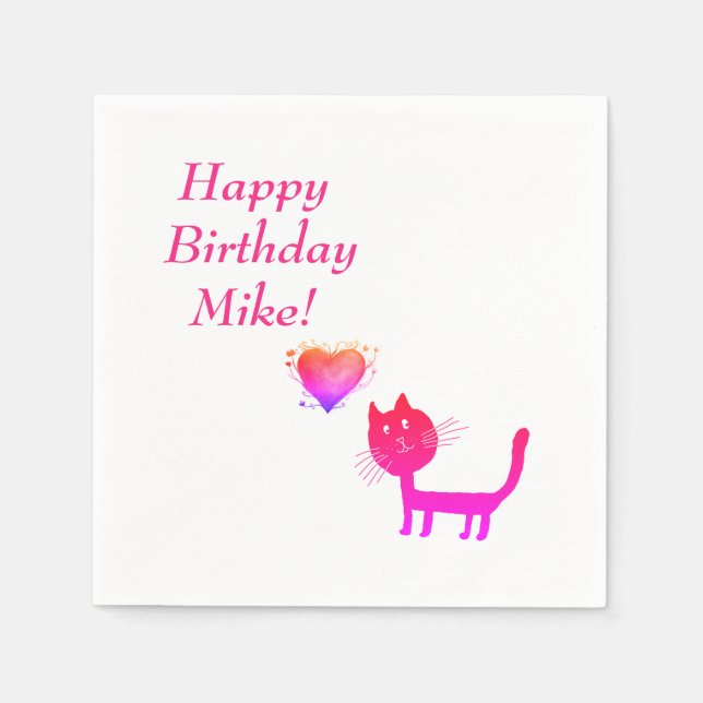 Birthday Personalised  Paper Napkins with Cat (Front)