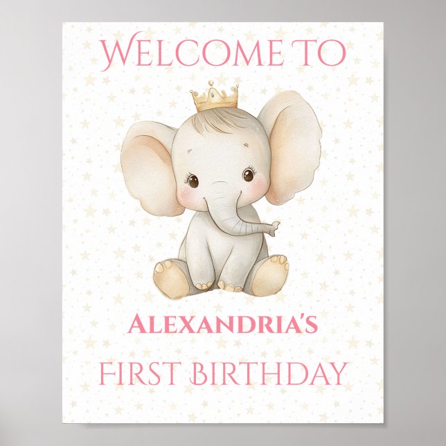  Birthday Personalised Princess Elephant Welcome Poster (Front)