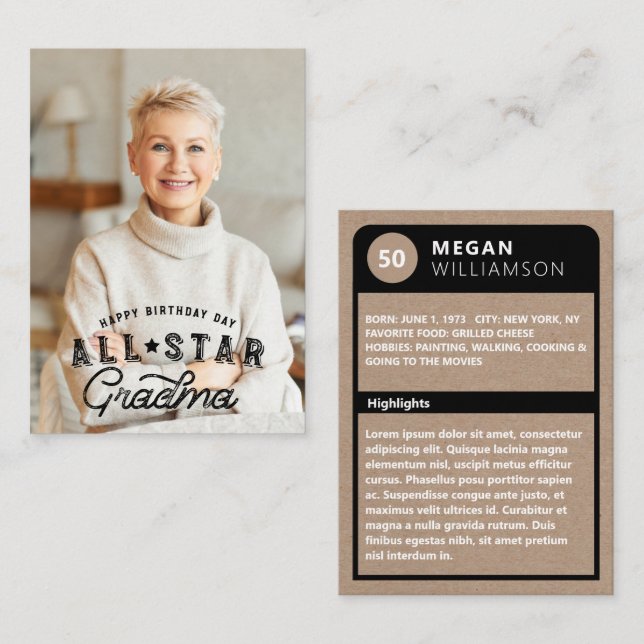 Birthday Photo & All-Star Grandma Baseball Card (Front/Back)