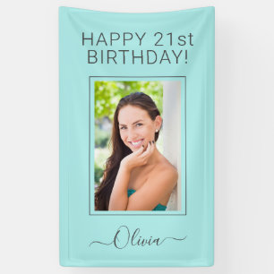 Birthday Photo Aqua Blue Teal Script Girly Banner