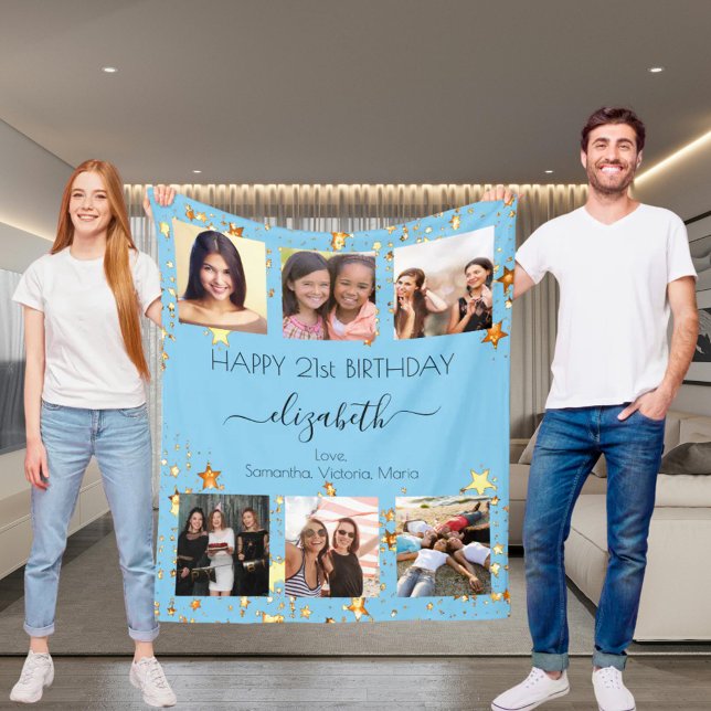 Birthday photo baby blue gold best friends fleece blanket (Creator Uploaded)