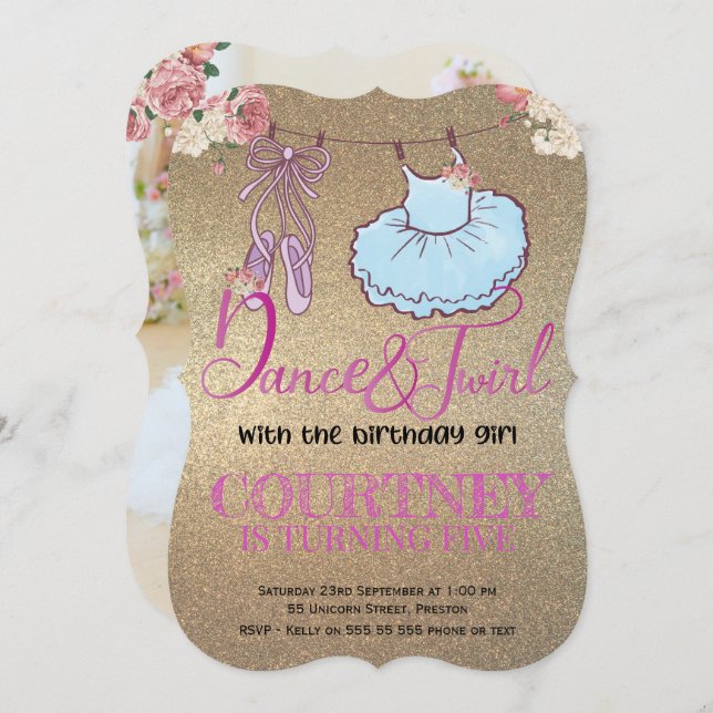 Birthday Photo Ballerina gold glitter Invitation (Front/Back)