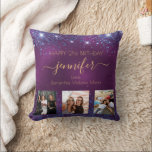 Birthday photo best friend purple blue gold names cushion<br><div class="desc">A gift from friends for a woman's 21st birthday, celebrating her life with 3 of your photos of her, her friends, family, interest or pets. Personalise and add her name, age 21 and your names. Golden coloured letters. A chic feminine purple background colour. The purple colour is uneven. Decorated with...</div>