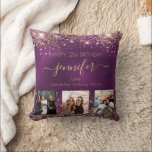 Birthday photo best friend purple gold names cushion<br><div class="desc">A gift from friends for a woman's 21st birthday, celebrating her life with 3 of your photos of her, her friends, family, interest or pets. Personalise and add her name, age 21 and your names. Golden coloured letters. A chic feminine purple background colour. The purple colour is uneven. Decorated with...</div>
