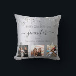 Birthday photo best friend silver cushion<br><div class="desc">A gift from friends for a woman's 21st birthday, celebrating her life with 3 of your photos of her, her friends, family, interest or pets. Personalise and add her name, age 21 and your names. Black coloured letters. A chic faux silver looking background colour. Her name is written with a...</div>