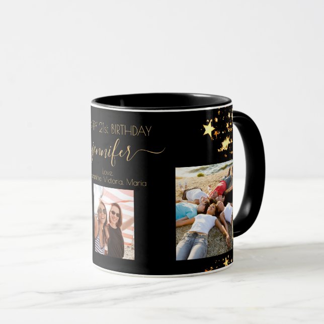 Birthday photo best friends black gold stars mug (Front Right)