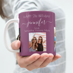Birthday photo best friends names plum purple coffee mug