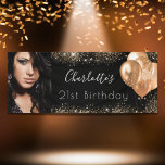Birthday photo black gold glitter dust name script banner<br><div class="desc">For a glamourous 21st (or any age) birthday party. A classic black background. Decorated with dark gold faux glitter dust and balloons.  Personalise and add a photo and a name.  Perfect both as a welcome  banner or as party decor. Use a vertical/portrait size photo.</div>
