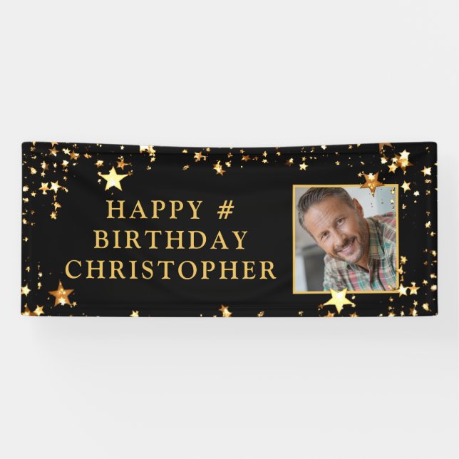 Birthday Photo Black Gold Stars Personalised Banner (Horizontal)