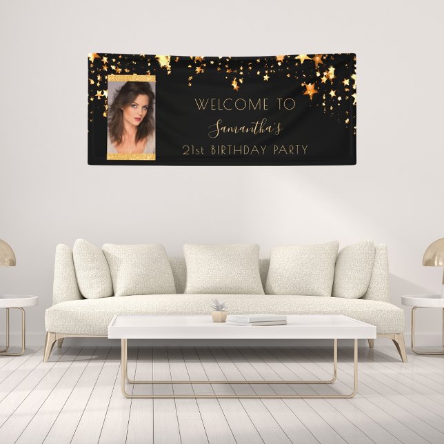 Birthday photo black gold stars welcome banner (Creator Uploaded)