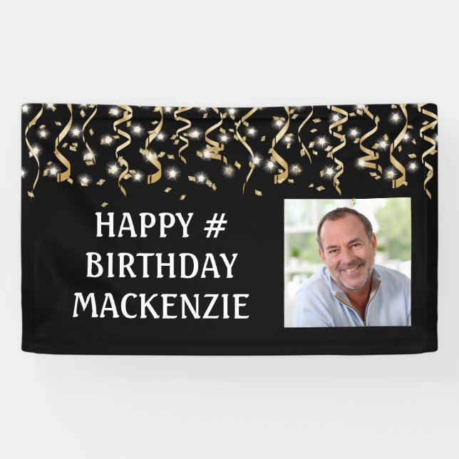 Birthday Photo Black Gold Streamers Personalised Banner (Horizontal)