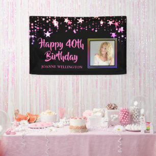 Birthday Photo Black Pink Stars Personalised Banner