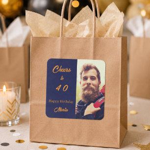 Birthday photo blue gold cheers men square sticker