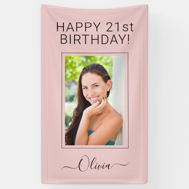 Birthday Photo Blush Dusty Pink Script Girly Banner (Vertical)