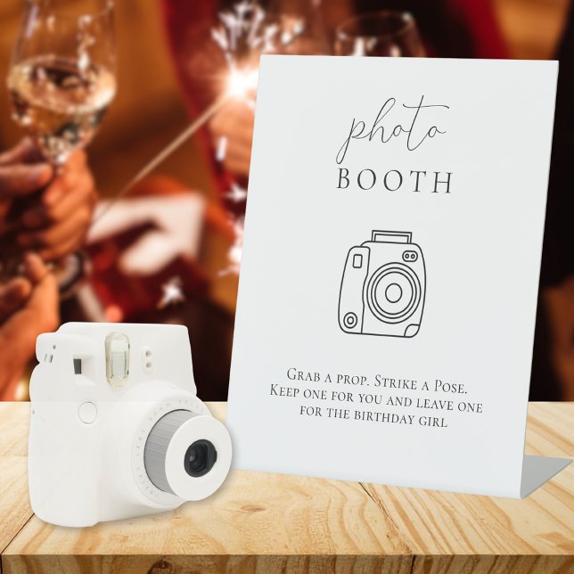 Birthday Photo Booth Tabletop sign (Birthday Photo Booth Tabletop sign, elegant calligraphy black and white design)