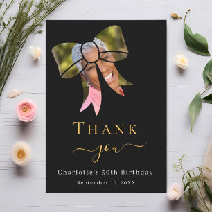 Birthday photo bow black thank you card