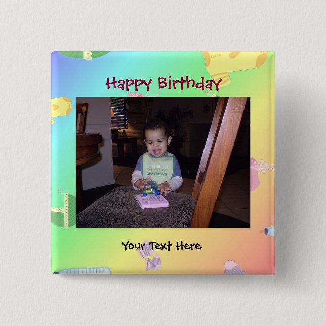 Birthday Photo Button/Pin 15 Cm Square Badge (Front)