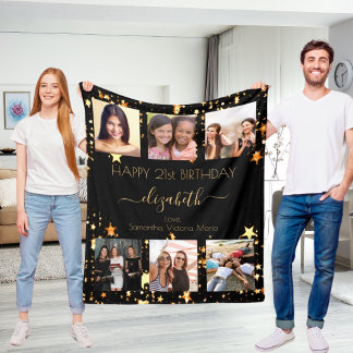 Birthday photo collage black gold best friends fleece blanket