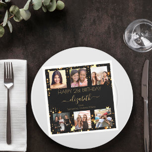 Birthday photo collage black gold best friends napkin