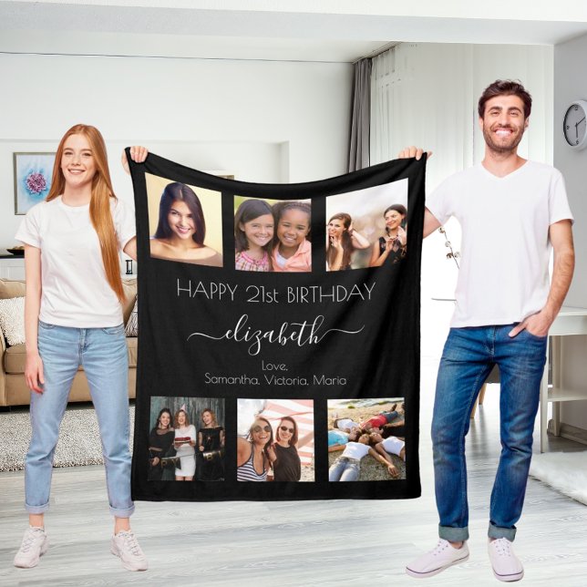 Birthday photo collage black white best friends fleece blanket (Creator Uploaded)