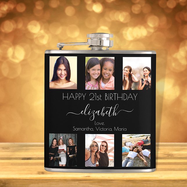 Birthday photo collage black white best friends hip flask (Creator Uploaded)