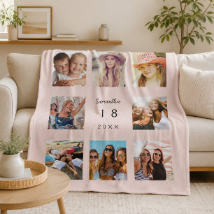 Birthday photo collage blush pink girl woman fleece blanket