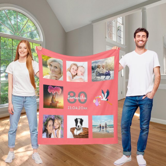 Birthday photo collage coral fleece blanket (Creator Uploaded)
