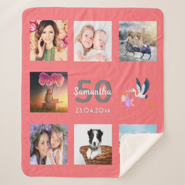 Birthday photo collage coral sherpa blanket (Front)
