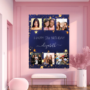 Birthday photo collage navy blue gold stars poster