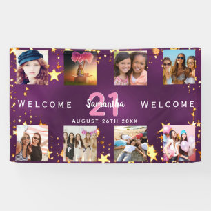 Birthday photo collage purple gold monogram banner