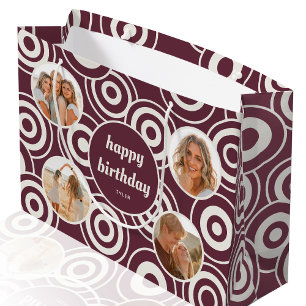 Birthday Photo Collage Retro Circles Burgundy Large Gift Bag