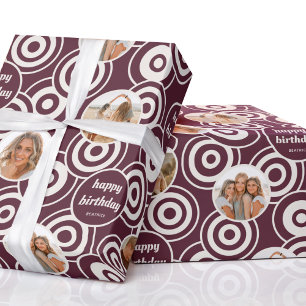 Birthday Photo Collage Retro Circles Burgundy Wrapping Paper