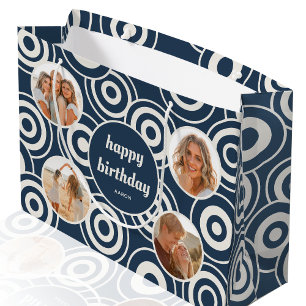 Birthday Photo Collage Retro Circles Dark Blue Large Gift Bag