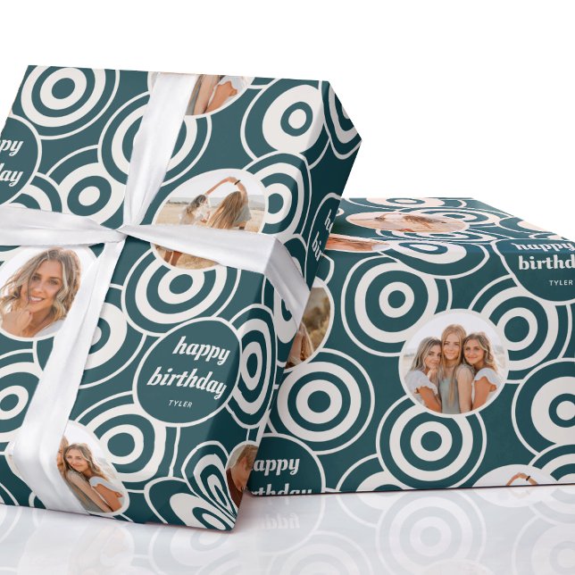 Birthday Photo Collage Retro Circles Teal Green Wrapping Paper (Creator Uploaded)