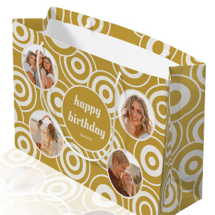 Birthday Photo Collage Retro Circles Yellow Large Gift Bag