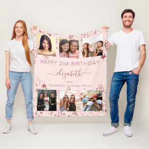 Birthday photo collage rose gold best friends fleece blanket