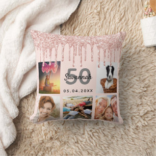 Birthday photo collage rose gold glitter pink cushion